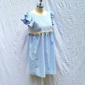 Ladies backless blue pinstripe dress, ruffle sleeves, tassels, sz S